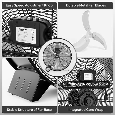 Built Tough 24 Inch High Velocity Drum Fan With 9500 CFM Airflow, Industrial Metal Floor Fan showing speed knob, blades, base, cord wrap.