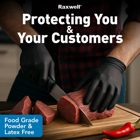 Heavy-Duty Disposable Nitrile Gloves For Food-Grade Kitchen And Cooking Use, slicing meat, black, large, chemical-resistant, powder-free.