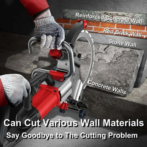 Job Site Ready Electric Concrete Saw Wall Chaser Ring Saw With Low Dust Pump, cutting through various wall materials.