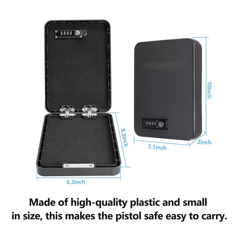 Small Pistol Safe Portable Handgun Case With 4 Digit Lock, open and closed views, 10 x 7.1 x 2 inches, lightweight plastic.