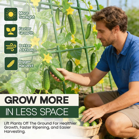 Man using U Shape Garden Trellis For Raised Bed 48 By 48 Inch No Tools Required Setup In A Jiffy Climbing Plant Support for cucumbers