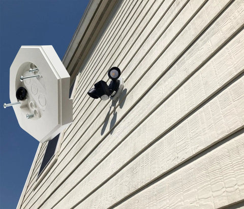 Pro Grade Non Metallic Siding Mounting Kit With Built In Electrical Box For One Quarter Inch And Five Sixteenth Inch Lap Siding And Shingles Octagon Outdoor Light Fixture Mount White One Pack on exterior siding