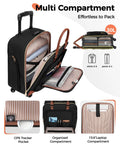 Open multi-compartment underseat carry on luggage with spinner wheels 16 inch rolling laptop bag for women, showing interior pockets.