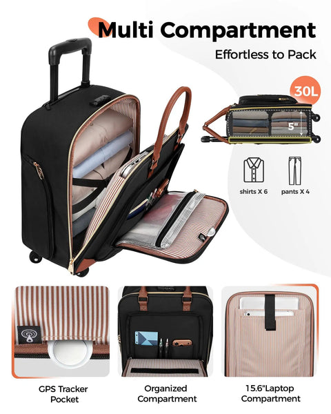 Open multi-compartment underseat carry on luggage with spinner wheels 16 inch rolling laptop bag for women, showing interior pockets.