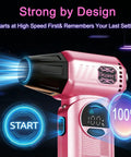 Powerful Cordless Air Duster in Pink with LED display, showing 100% power, eco-friendly alternative to canned air.