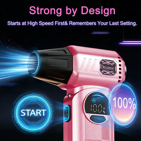 Powerful Cordless Air Duster in Pink with LED display, showing 100% power, eco-friendly alternative to canned air.