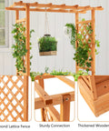 Raised Garden Bed With Arch Trellis For Outdoor Climbing Vines, wooden planter with hanging roof and side trellises.