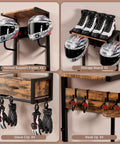 Built Tough Heavy Duty Motorcycle Helmet Holder Wall Mounted Rack Holds Six Helmets And Riding Gear Storage Organizer with helmets and gloves.