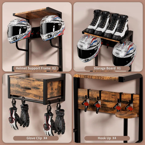 Built Tough Heavy Duty Motorcycle Helmet Holder Wall Mounted Rack Holds Six Helmets And Riding Gear Storage Organizer with helmets and gloves.