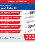 Heavy Duty Drywall Anchor Kit With 80 Hollow Wall Anchors And 60 Screws shown with various anchor types and quantities