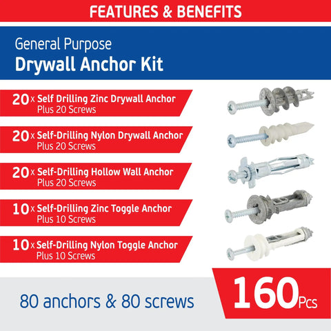 Heavy Duty Drywall Anchor Kit With 80 Hollow Wall Anchors And 60 Screws shown with various anchor types and quantities