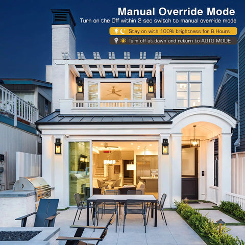 Charming house exterior with Two Pack Motion Sensor Outdoor Lights With Dusk To Dawn LED Exterior Wall Sconces In Black Waterproof Anti Rust Porch Lanterns For Front Porch And Garage Three Mode Auto Lighting For Easy Security illuminating the entryway and patio area under pergola.