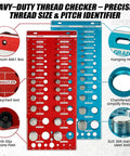 Red and blue Go To 70 Size Nut And Bolt Thread Checker with 26 standard, 26 metric, and 18 drill gauges, aluminum build.