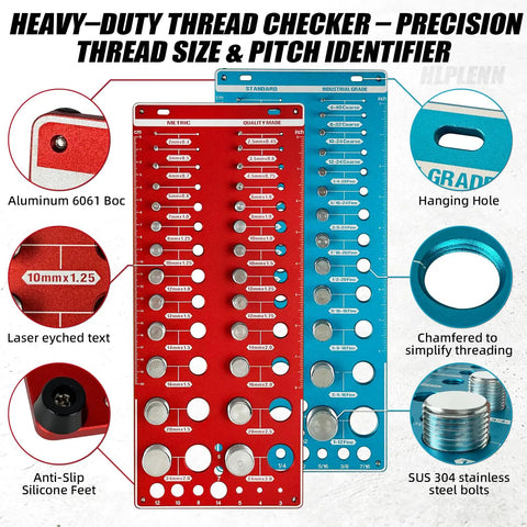 Red and blue Go To 70 Size Nut And Bolt Thread Checker with 26 standard, 26 metric, and 18 drill gauges, aluminum build.