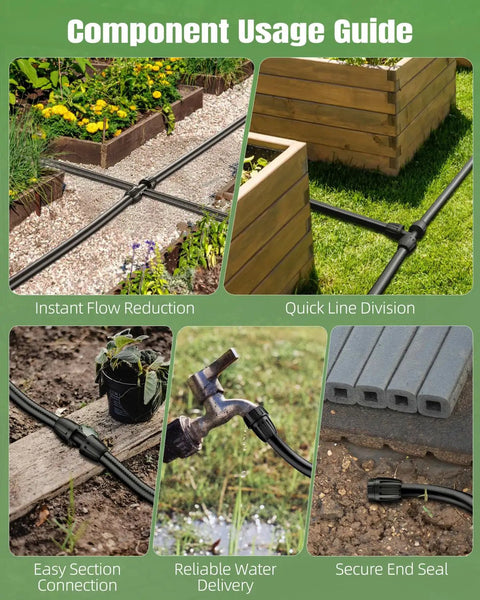 Component usage guide for Half Inch Drip Irrigation Tubing Main Line 25 Ft Flexible PVC Garden System with barbed fittings.