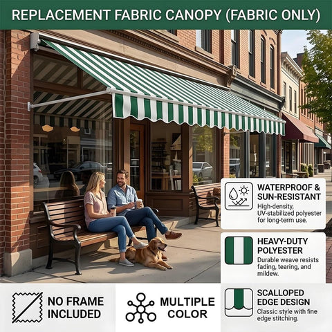 Replacement Cover For Patio Awning PVC Weather Protection Retractable Sunshade Canopy Cloth Sized 8ft 10ft 11ft 12ft 13ft For Balcony Backyard Poolside Market All Weather Waterproof UV Resistant over storefront with signage about waterproof, sun-resistant fabric