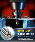 Titanium Coated HSS Step Drill Bit Set drilling into metal sheet with shavings, showcasing extra hard and long-lasting build.