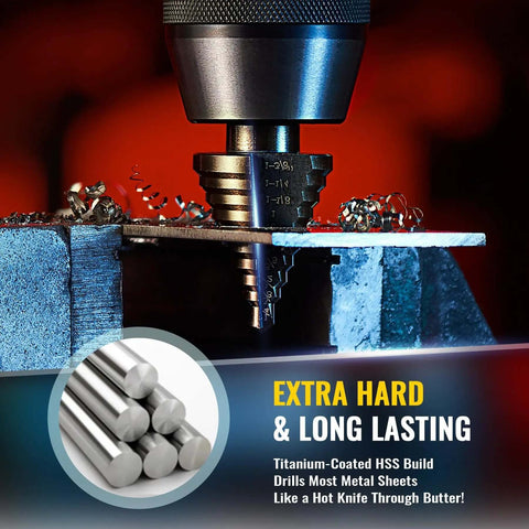 Titanium Coated HSS Step Drill Bit Set drilling into metal sheet with shavings, showcasing extra hard and long-lasting build.
