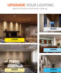 Upgrade Your Home With This Six Inch Led Recessed Lighting Retrofit Kit Featuring A Smooth Gimbal Trim With Five Cct Options And Dead Simple Plug Play Mounting That Snaps Into Standard Cavities Fast For Serious Home Brightness Upgrades Everywhere highlighting different CCT settings in various room settings.
