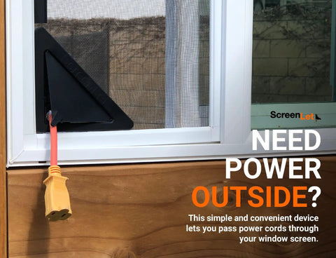Window Screen Power Portal Pass-Through Attachment Clip-On For Outdoor Power Access shown on screen with cord