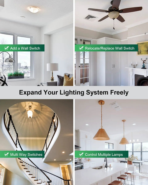 4 images of 3 Way Wireless Light Switch And Receiver Kit With 200ft RF Range Remote Control for lights, fans, and lamps shown in home settings.