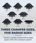 Top Shelf Corner Routing Guide System For Handheld Trim Routers And Workbench Tables Pulling Off Clean Radius Lines And Razor Sharp Chamfers On Every Sawdust Covered Build with three chamfer and five radius sizes.