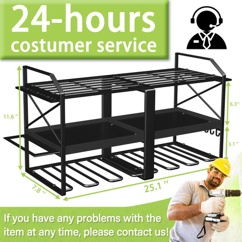 Heavy Duty Wall Mounted Power Tool Organizer Rack With Six Drill Holders For Cordless Drills Three Layer Metal Tool Storage For Garage Shop Black Finish with dimensions and support information displayed.