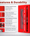 Semi Recessed Fire Extinguisher Cabinet Red For 5 To 10 Lb Extinguishers Heavy Duty Steel Wall Mount Box With Signage Seals And Tags ADA Friendly Ultra Low Profile Projects Only Two And A Half Inches No Extra Purchases Required features and durability