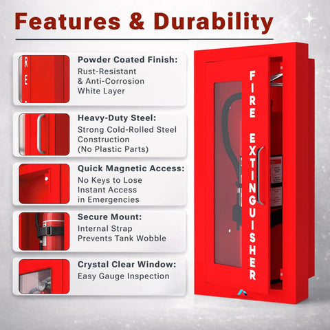 Semi Recessed Fire Extinguisher Cabinet Red For 5 To 10 Lb Extinguishers Heavy Duty Steel Wall Mount Box With Signage Seals And Tags ADA Friendly Ultra Low Profile Projects Only Two And A Half Inches No Extra Purchases Required features and durability