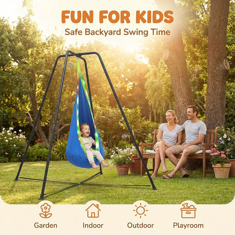 Heavy Duty Swing Frame For Indoor And Outdoor Use With 350 Lbs Capacity in garden with child and parents nearby