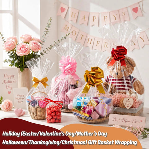 Gift baskets wrapped in Clear 24 By 30 Inch Cellophane Bags 10 Count For Large Gift Baskets And Big Presents Perfect For Weddings Bridal And Baby Showers Flat No Gusset See Through Gift Wrap Ribbon Not Included