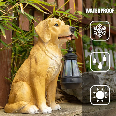 Golden Retriever Solar Dog Statue For Outdoor Decor With Lantern Lights, resin, by a garden fence, weatherproof, 5.9 L x 12.9 H