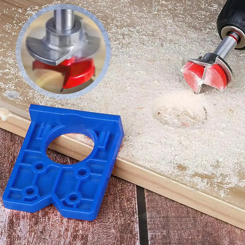 All In One 35mm Forstner Drill Bit And Hinge Jig Set With Door Hinge Hole Template Locator for concealed cabinet hinges, blue guide plate shown
