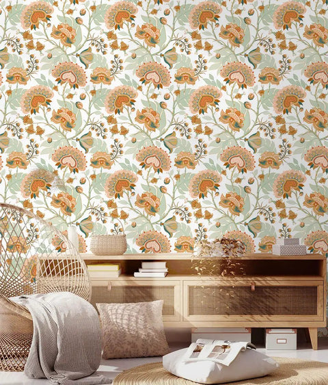 Room with Dope Boho Floral Peel And Stick Wallpaper With Vintage Chomper Flower Design Removable Contact Paper, yellow green wall covering