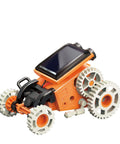 Eight In One Solar Robot Kit For STEM Fans Super Easy To Build Eight Solar Powered Robots In Minutes No Batteries Needed Solar Panel Included Learn Solar Energy And Tech With A Drummer Bot Racer Bot Tank Bot Armadillo Bot Dino Bot And More. solar-powered gear robot with orange body and wheels