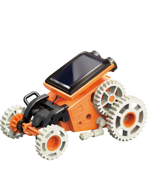 Eight In One Solar Robot Kit For STEM Fans Super Easy To Build Eight Solar Powered Robots In Minutes No Batteries Needed Solar Panel Included Learn Solar Energy And Tech With A Drummer Bot Racer Bot Tank Bot Armadillo Bot Dino Bot And More. solar-powered gear robot with orange body and wheels