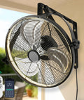 20 Inch Wall Mount Fan With Lights And Dimmable Illumination, 6 Speed High Velocity, 360 Degree Tilt, installed on patio wall