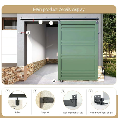 Outdoor view of 10 Ft Heavy Duty Box Rail Exterior Sliding Barn Door Hardware Kit, 450 Lb Capacity, black powder coated, installed.