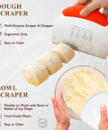 Dough scraper cutting dough and plastic bowl scraper pouring flour, part of a Sourdough Starter Kit With Glass Jar Banneton Bread Proofing Basket And 9 Inch Round Proofing Bowl For Home Bread Baking Set Of Sourdough Supplies For Easy Pro Level Loaves.