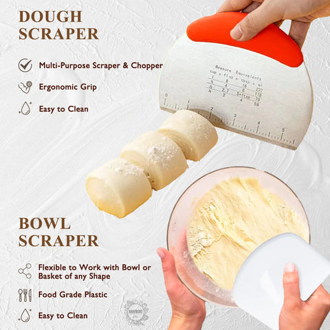 Dough scraper cutting dough and plastic bowl scraper pouring flour, part of a Sourdough Starter Kit With Glass Jar Banneton Bread Proofing Basket And 9 Inch Round Proofing Bowl For Home Bread Baking Set Of Sourdough Supplies For Easy Pro Level Loaves.