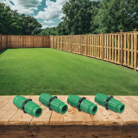 Fix Your Leaky Expandable Garden Hose Fast With This Super Strong Repair Kit Featuring Premium Brass Fittings For 5/8 And 3/4 Size Hoses To Stop Bursts And Keep Water Flowing Smooth Without Any Messy Drips Or Annoying Failures. green plastic hose repair fittings on wooden deck