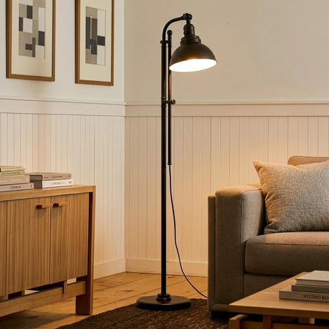 Industrial Floor Lamp With 180 Degree Adjustable Head, Lit LED Reading Light For Living Room Office And Bedroom, Cozy Farmhouse Style Standing Lamp For Stunning Home Decor in living room corner