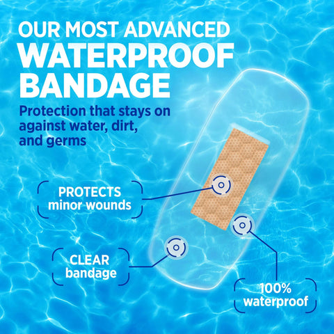 Band-Aid brand clear waterproof adhesive bandage with beige cushion pad; assorted sizes