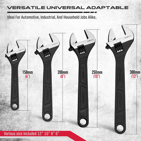 4 Piece Adjustable Wrench Set With 6, 8, 10, 12 Inch Sizes In Chrome Vanadium Steel For Automotive Plumbing And Home Repairs Corrosion Resistant