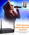 Performer with Dual Channel VHF Wireless Microphone System With Two Handheld Dynamic Mics And Receiver Base For PA Karaoke DJ Party Use