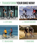 Cyclists riding city, mountain, beach, and road bikes with text promoting electric bike conversion kits.