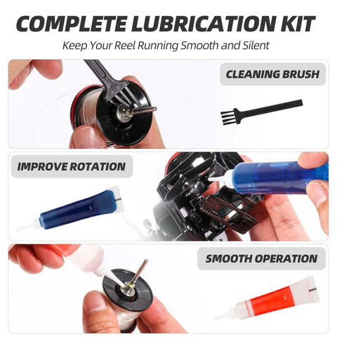 8 In 1 Fishing Reel Repair Kit With Bearing Puller Magnetic Screwdriver Wrench Tweezers Cleaning Brush Bearing Removal Pin Punch And Complete Reel Care Set for lubrication and maintenance.