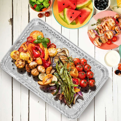 25 Pack Disposable Aluminum Grill Pans For Outdoor Cooking And Camping Large 16 By 12 Inch Aluminum Trays With Holes filled with grilled vegetables
