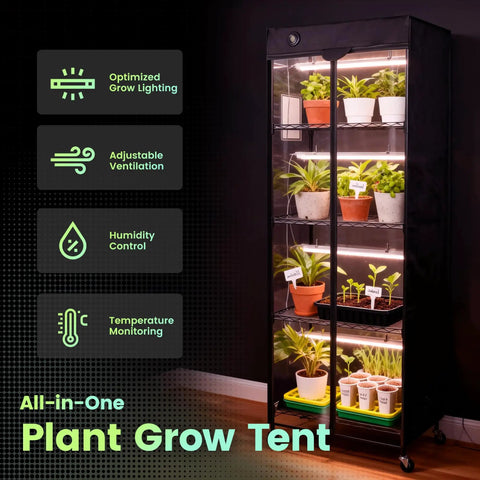Mini Indoor Greenhouse With 18W T8 Grow Lights And Digital Thermo Hygrometer, 27 By 15 By 70 Inches Smart Grow Tent display