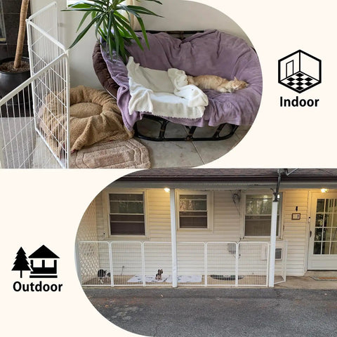 Indoor and outdoor view of Top Shelf White Fence To Wall Anchor Kit For Tight Dog Playpen Sets Compatible With FXW Enclosures.